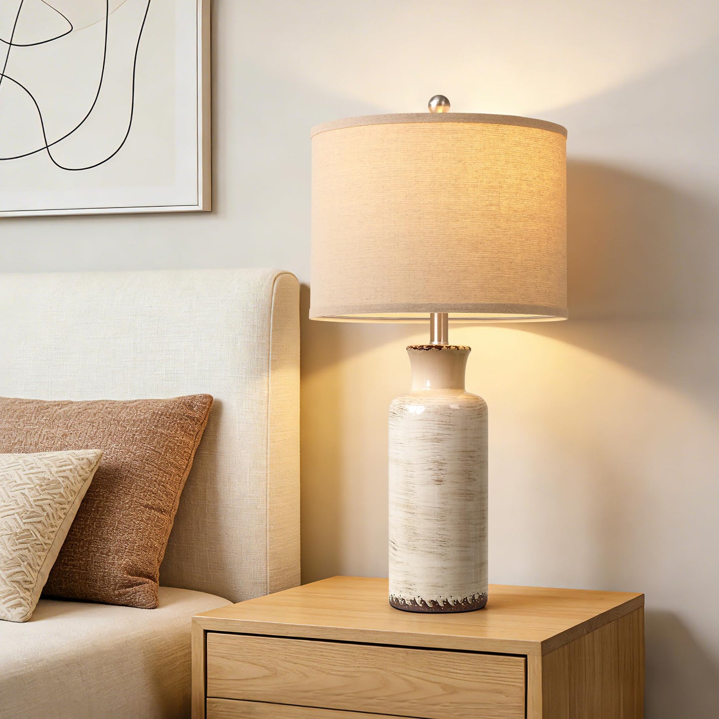 QiMH 25" Modern Lamps for Living Room, Unique Flowing Glazes Ceramic Table Lamp Set of 2 with Linen Lampshade, Beige Rustic Farmhouse Beside Lamps for Bedroom Nightstand Home Decor(Bulb Included)