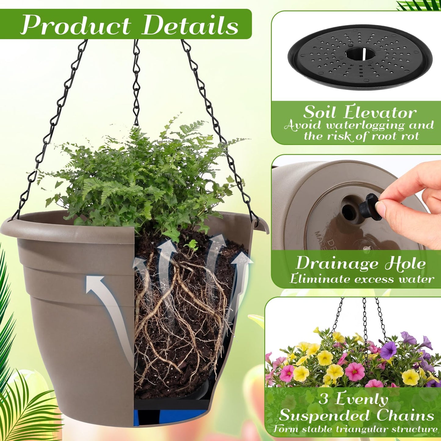 Romooa 20 Pack 10 Inch Plastic Hanging Planter Bulk Brown Hanging Baskets for Plants with Drainage Trays Self Watering Plant Pot Outdoor Indoor Planter for Garden, Balcony, Porch, Patio Decor