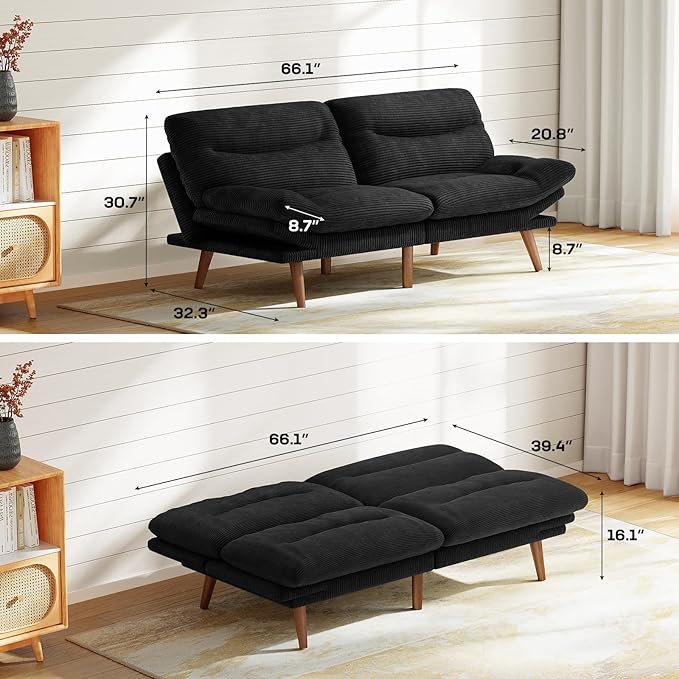 Marsail 66" Futon Sofa Bed, Convertible Corduroy Futon Couch