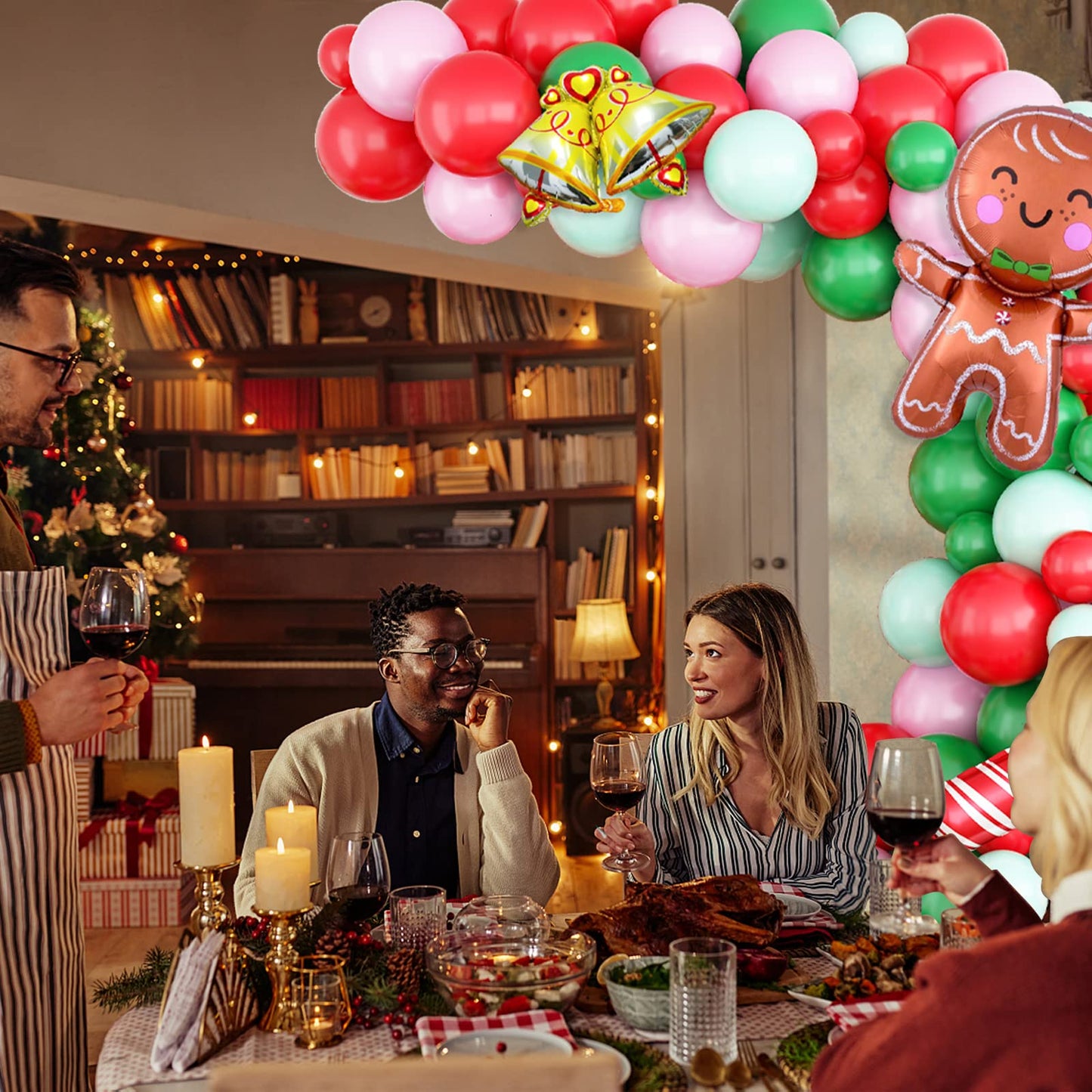 Christmas Balloon Garland Xmas Green Red White Arch kit Macaron green pink balloons Candy Bell Cane Foil Balloons With Large Gingerbread Balloon for Christmas Party Decorations Supplies