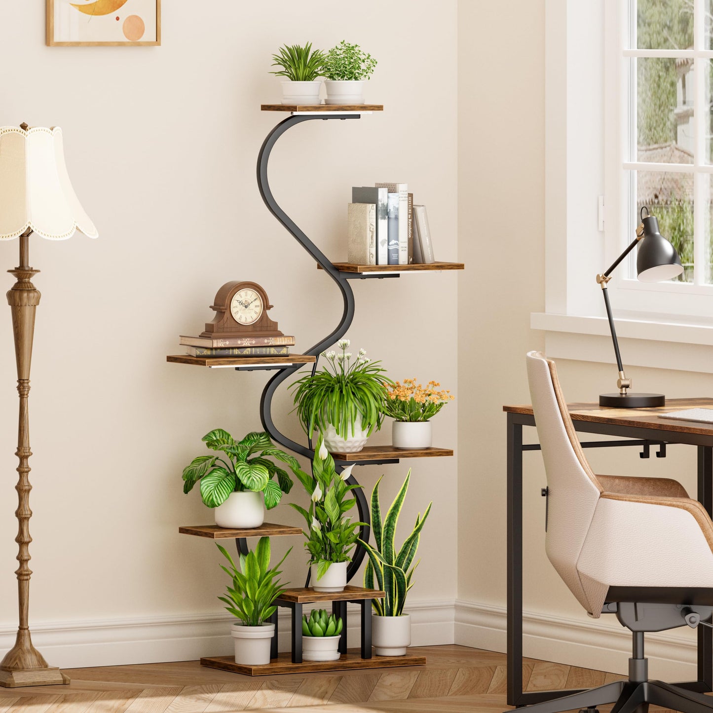 CODACE Plant Stand Indoor with Grow Lights - Tall Corner Plant Shelf, 7 Tiered Plant Stands for Indoor Plants, Metal Flower Plant Rack, Curved-Shaped Inoor Plant Holder for Living Room, Patio（Black
