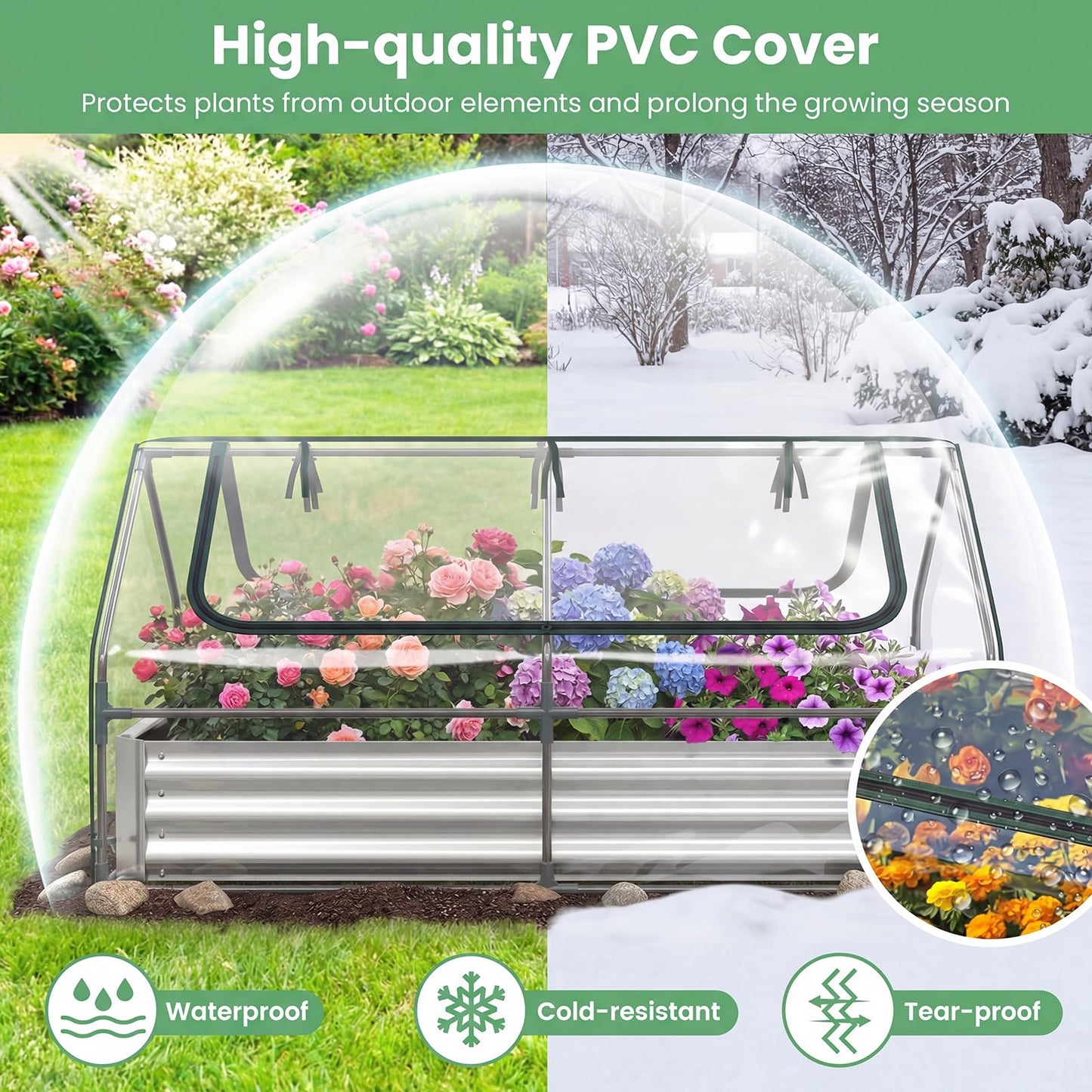 Happygrill Raised Garden Bed with Cover, Galvanized Planter Boxes Outdoor w/Mini Greenhouse, 2 Roll-up Windows & Open-Ended Base, Metal Growing Raised Bed for Vegetables (Silver, 72” x 36” x 37”)
