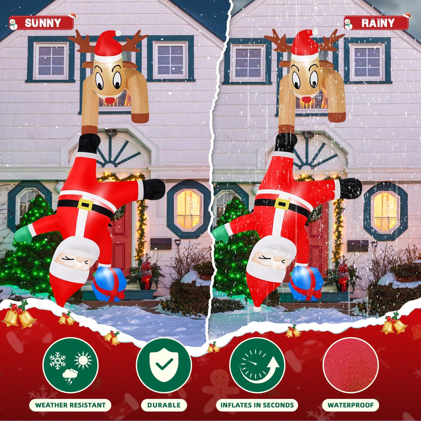B&D 6FT Christmas Inflatable Reindeer Pulling Falling Santa Outdoor Decorations, Funny Hanging Inflatable Christmas Decorations Built-in LEDs Blow Up Yard Inflatable for Xmas Party Indoor Garden Roof
