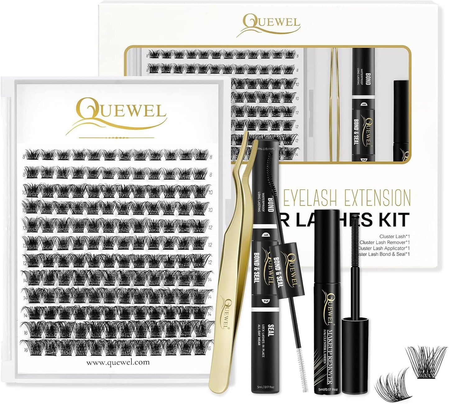 Individual-Lashes 144 Cluster-Lashes QUEWEL DIY Eyelash-Extensions-Kit, Clusters Eyelash Applicator, Cluster Lashes Bond and Seal Super Hold, Clusters Lash Glue Remover Easy to Remove(QU-RR-DH-01)
