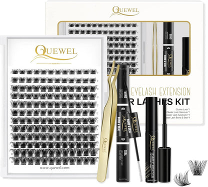 Individual-Lashes 144 Cluster-Lashes QUEWEL DIY Eyelash-Extensions-Kit, Clusters Eyelash Applicator, Cluster Lashes Bond and Seal Super Hold, Clusters Lash Glue Remover Easy to Remove(QU-RR-DH-01)