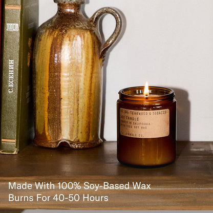 P.F. Candle Co. Teakwood & Tobacco Classic Standard Scented Soy Wax Candle (7.2 oz) 40-50 Hour Burn Time, Amber Glass Jar, Made in The U.S.A.
