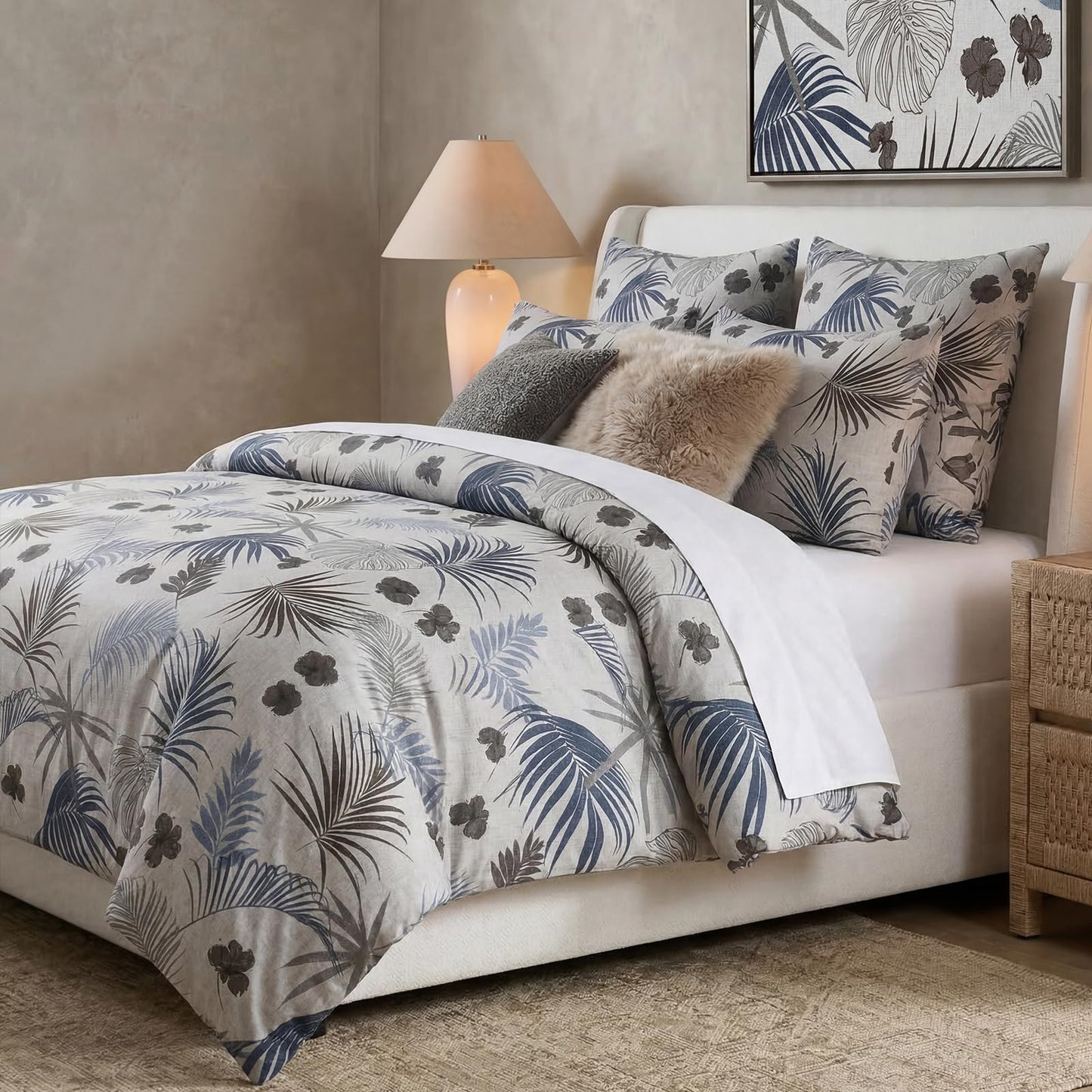 Bedorm 100% Cotton Duvet Cover Set King Vintage Floral Bedding Set Gray Blue Palm Tree Leaf Botanical Print Soft & Durable Duvet Cover with Zipper Closure