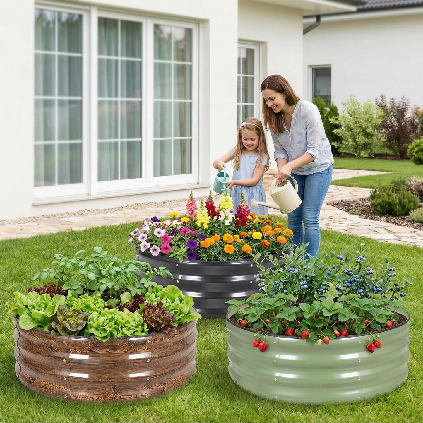 Permade Galvanized Raised Garden Bed- 2Pcs Metal Planter Boxes Outdoor | 12" Tall 36" Round Steel Raised Bed Kit & Fire Pit Ring for Gardening with Protective Tape for Vegetables, Flower (Grey)