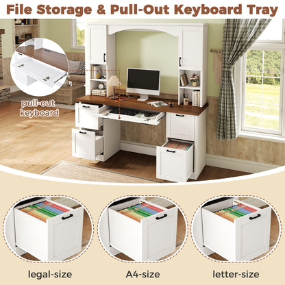 Merax Farmhouse Arched 67" Computer Desk with Power Outlets & Keyboard Tray, Wood Executive Home Office Desk with Hutch, Writing Desk with Storage Drawers for Working Study, White