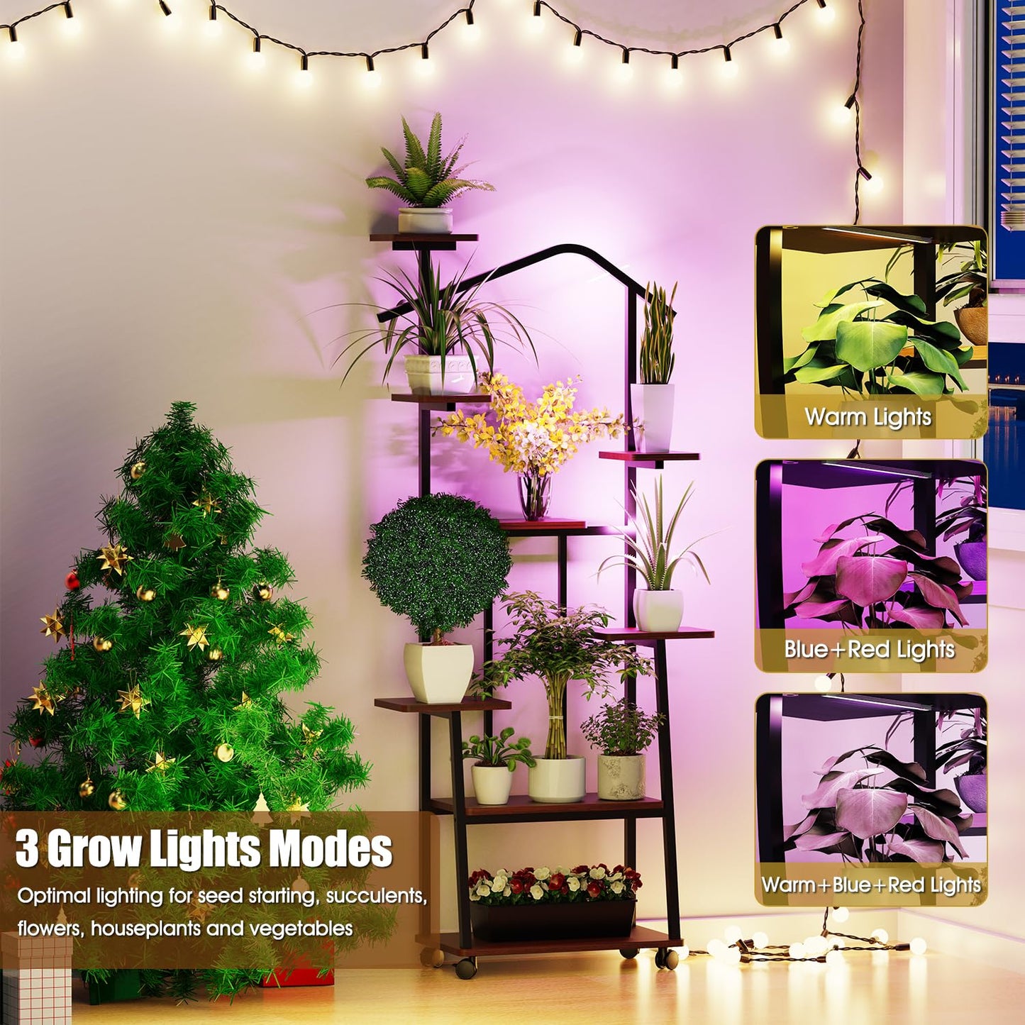 Zelvia 8-Tier Corner Plant Stand with Grow Lights – 65" Tall Metal Indoor Plant Shelf, Multi-Level Display for Plants & Flowers, Ideal for Bedroom Living Room Patio (with Roller)