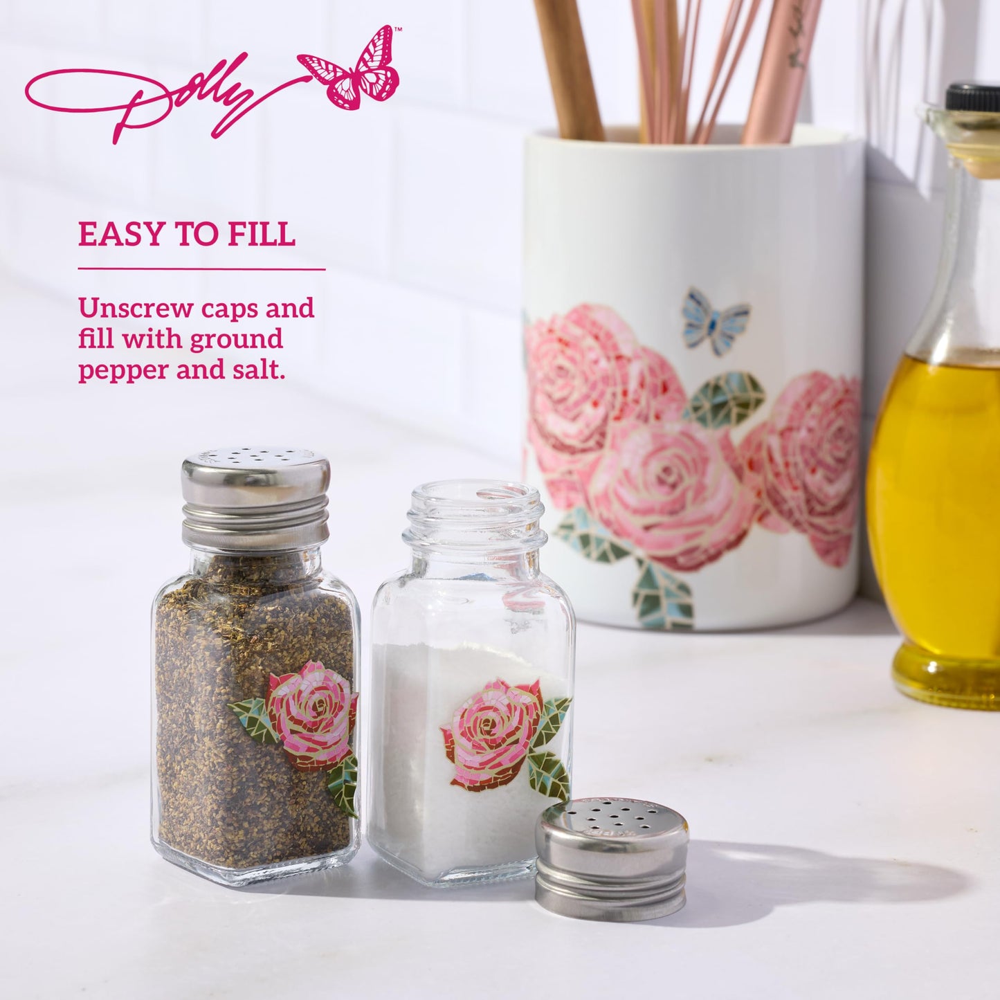 Dolly Parton Glass Salt and Pepper Shakers with Mosaic Rose Design, Easy to Fill, Set of 2, 3 Ounce