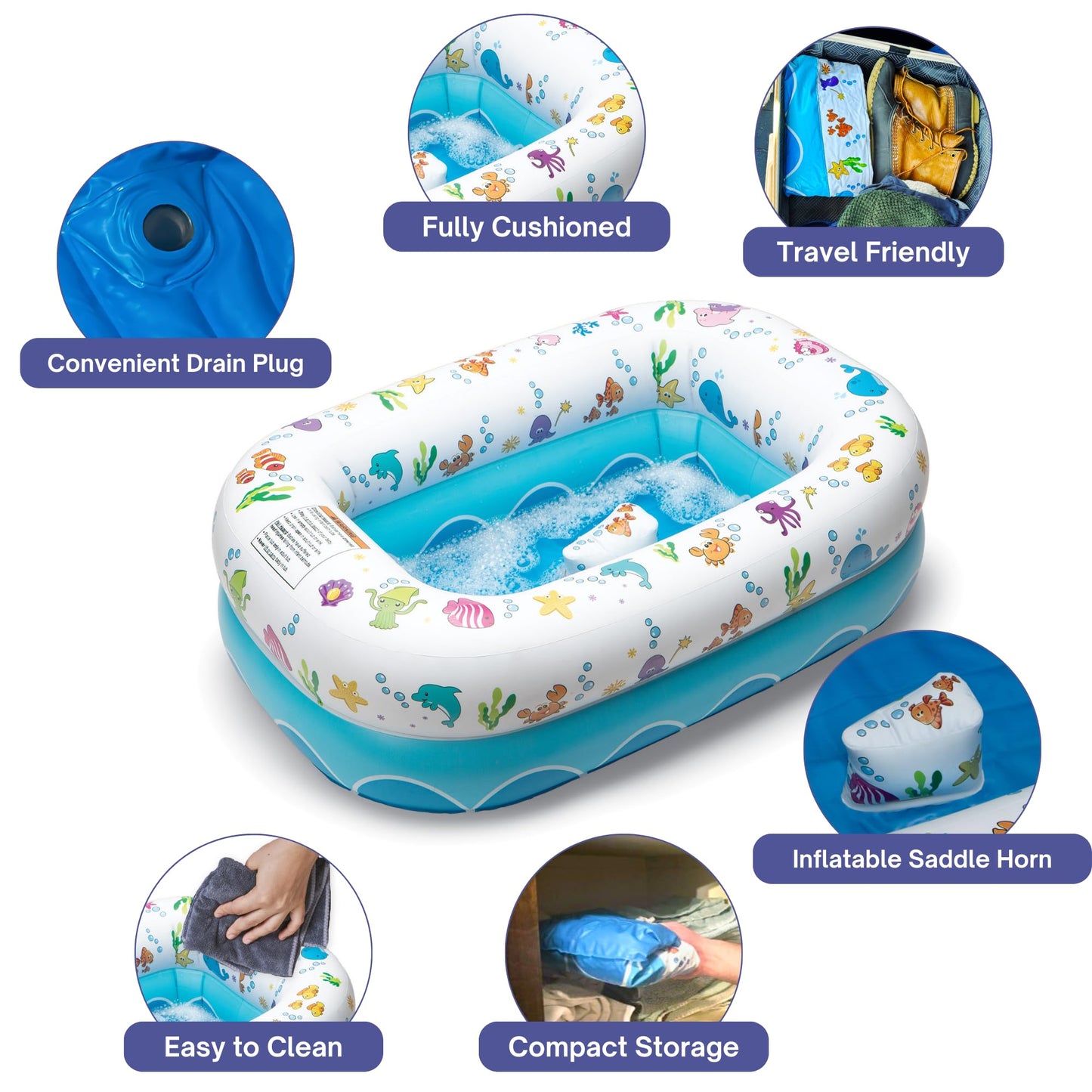 Mommy's Helper | Inflatable Under The Sea Baby Bathtub, Collapsible Safe Baby Bath Tub with Anti-Sliding Saddle Horn Seat, Must Have Travel Toddler Bath, Portable Bathtub Recommended Months 6 to 24