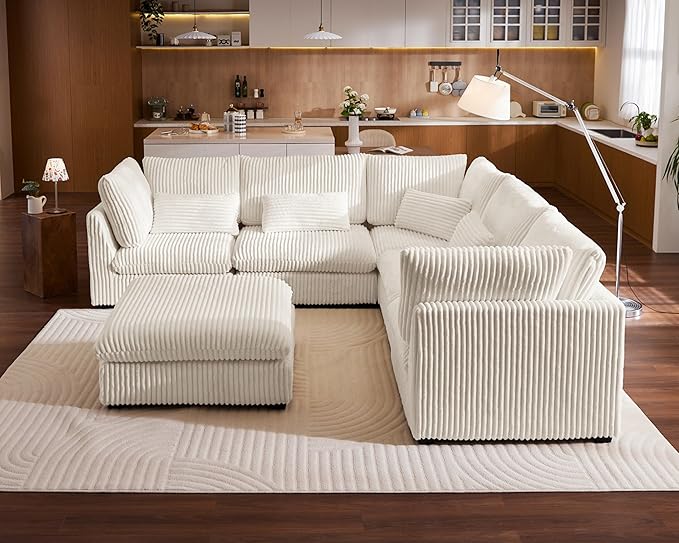 115" Oversized Corduroy Couch Modular Sectional Sofa, Washable Cloud Couch