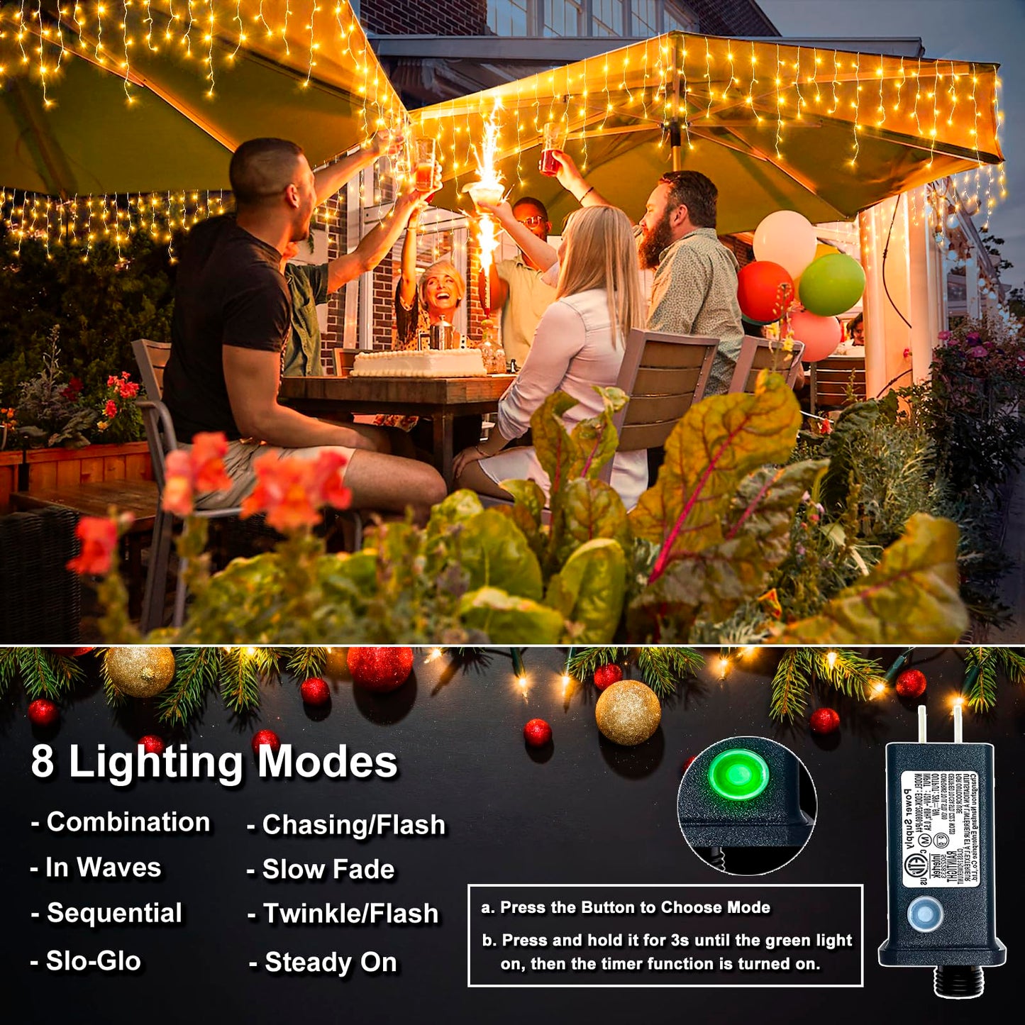 Icicle Christmas Lights Outdoor - 33FT 400 LED Icicle Lights for Outside with 75 Drops 8 Modes Timers, Waterproof Connectable Hanging Lights for Indoor Roof House Yard Decorations, Warm White