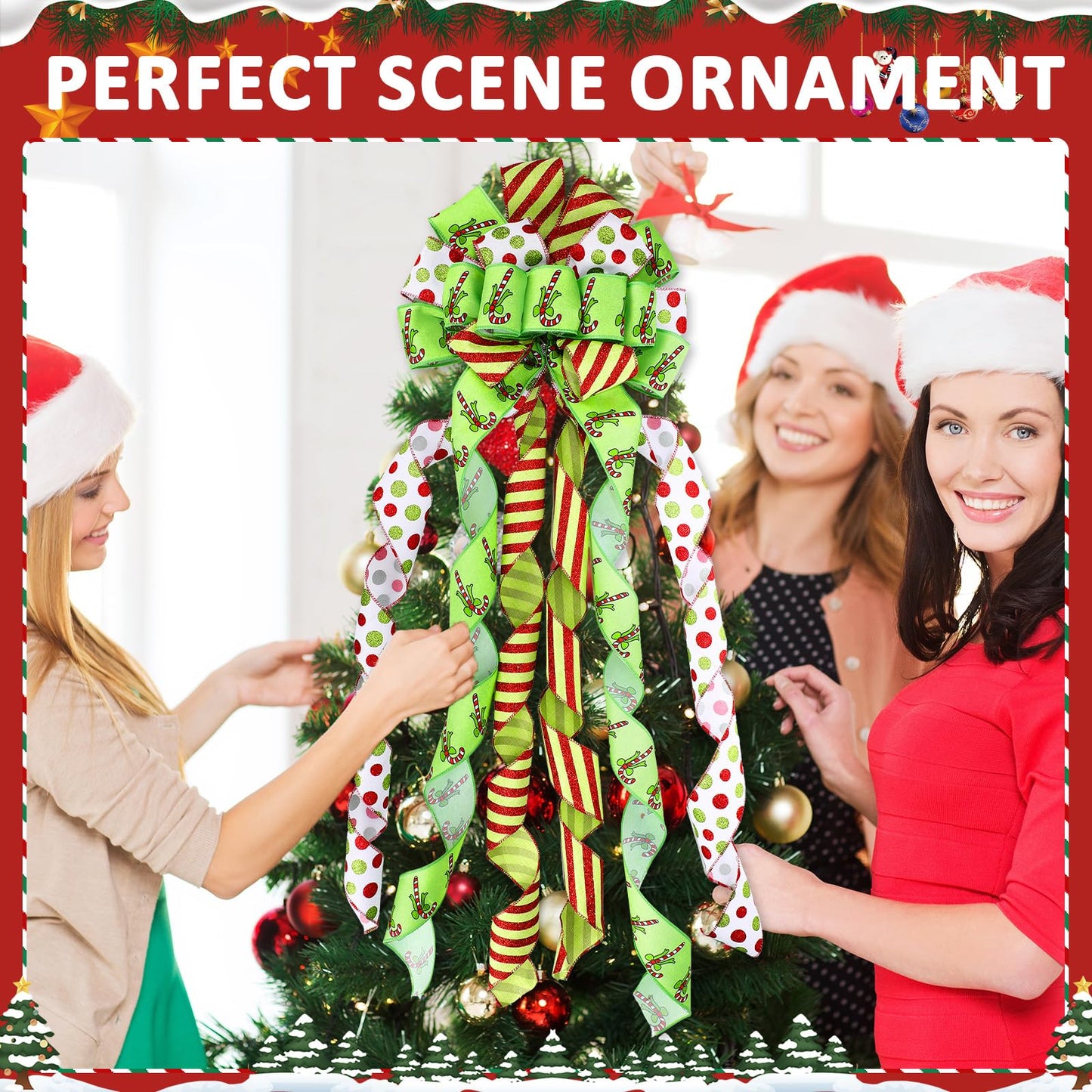 Suncalla 2 Pcs 44 x 13 Inch Large Christmas Tree Toppers Green Christmas Tree Ornaments Candy Cane Ribbon Bows Lime Green Glitter Polka Dot Wreath for Xmas Holiday Indoor Outdoor Front Door Staircase
