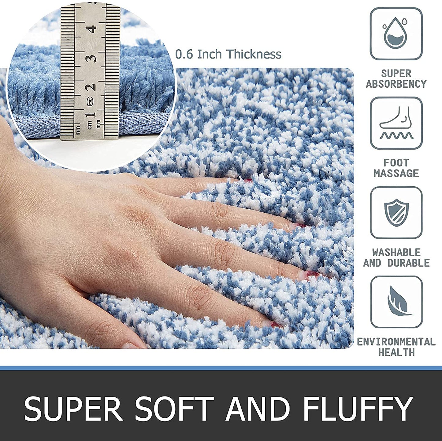 Pauwer Fluffy Bath Mat Sets 3 Piece Washable, Microfiber Non Slip Washable Bath and Pedestal Mat Sets Water Absorbent Bathroom Floor Carpet Rug Shower Rug, Blue