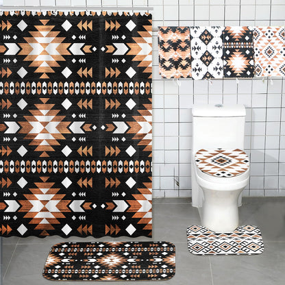 FuWeave 8 Pcs Western Aztec Shower Curtain Set, Southwestern Boho Geometric Bathroom Decor with Waterproof Curtain, Non Slip Rugs, Toilet Lid Cover, Bath Mat & 12 Hooks, Abstract Pattern for Bathroom