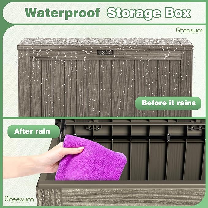Greesum Outdoor Storage Box 120 Gallon Storage Bin with Lid for Patio Furniture, Garden Tools, Pool Supplies, Lockable, Waterproof and UV Resistant, Coffee