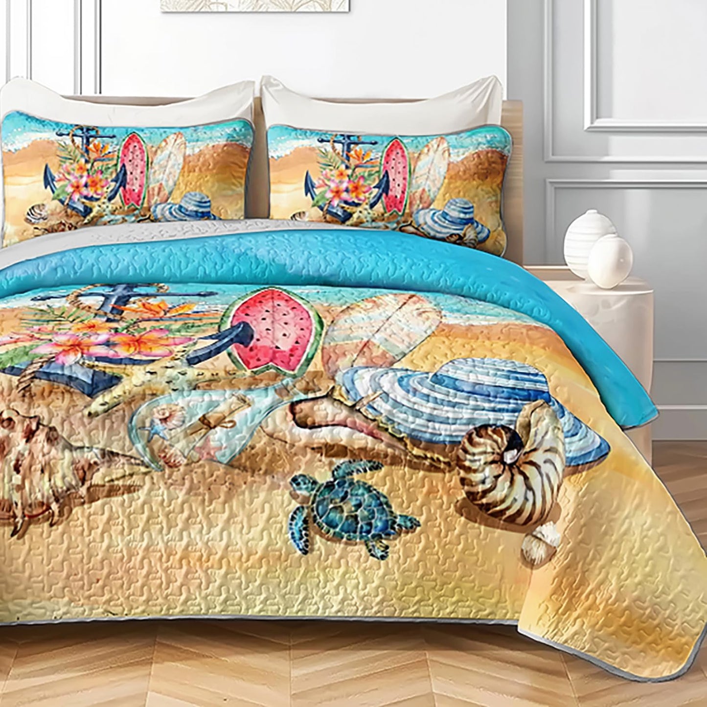AILONEN Ocean Beach Bedding Quilt Set Queen Size,Tropical Boat Anchor Surfboard Theme Bedspread Coverlet,Blue Soft Lightweight (Quilt,2 Pillowcases)