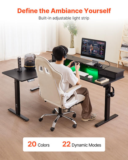 VEVOR L Shaped Electric Standing Desk with 2 Drawers, 63 x 55 inch Adjustable Height Corner Desk with Storage, Sit Stand up Computer Table with Light Strips for Office Home, Easy to Assemble, Black