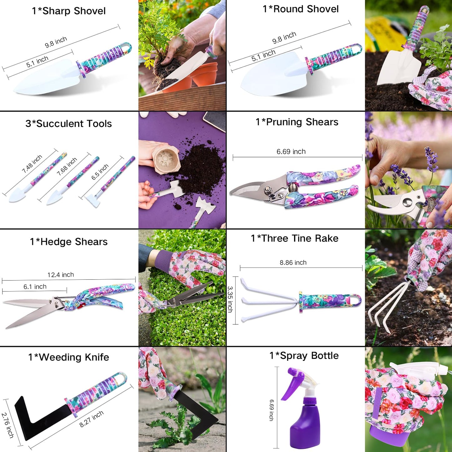 Garden Tools Set, JUMPHIGH 10 Pieces Gardening Tools with Floral Print, Ergonomic Handle Trowel Rake Weeder Pruner Shears Sprayer, Garden Hand Tools with Carrying Case Gardening Gifts for Women Father