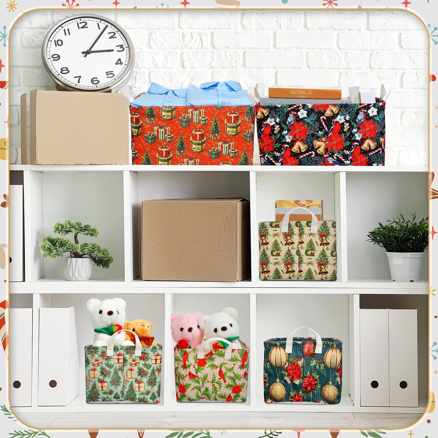 LemonRoad 6 Pcs Christmas Storage Baskets for Gifts Large Empty Collapsible Christmas Storage Bins Canvas Laundry Box with Handle Xmas Containers for Office Home Bedroom Clothes Holiday Decor