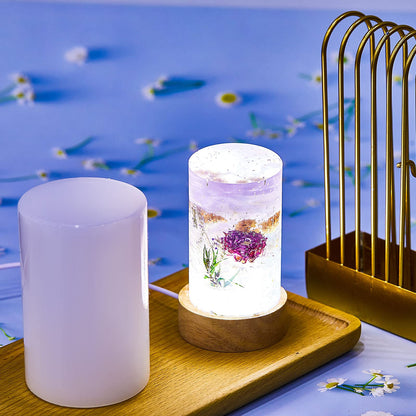 2 Pieces Cylinder Light Resin Silicone Mold Set, Include Cylinder Light Resin Mould and USB Powered Wooden Lighted Base Stand for DIY Desktop Ornaments Table Lamp Table Candle Home Decorations