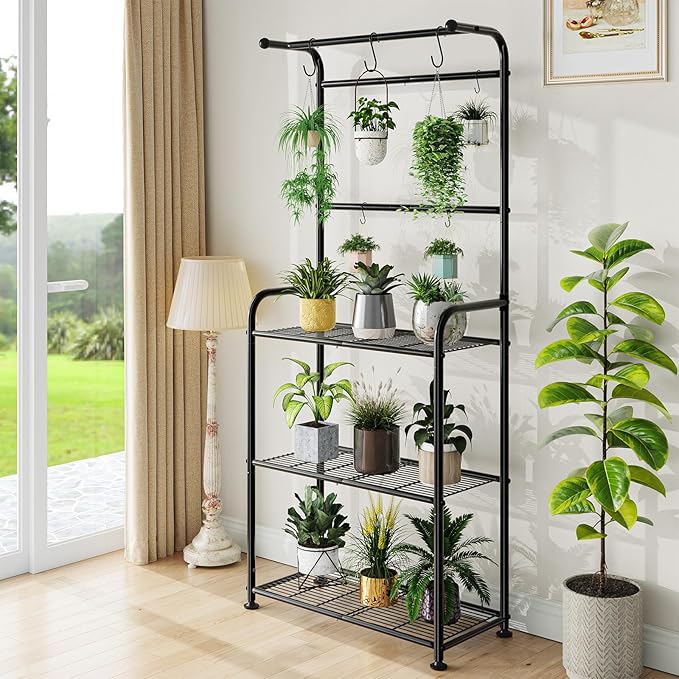 Plant Stands Outdoor with Hooks, Metal Tall Plant Shelves Indoor for Hanging Planter, Black