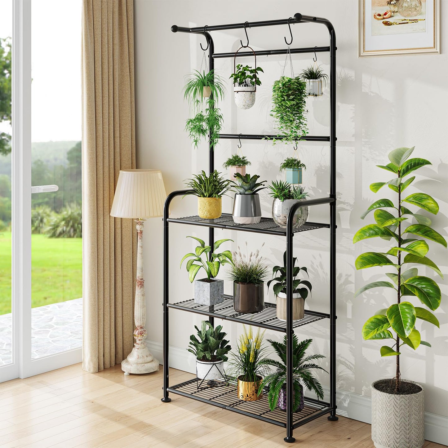 Ekisemio Plant Stands Outdoor with Hooks, Metal Tall Plant Shelves Indoor for Hanging Planter, Black