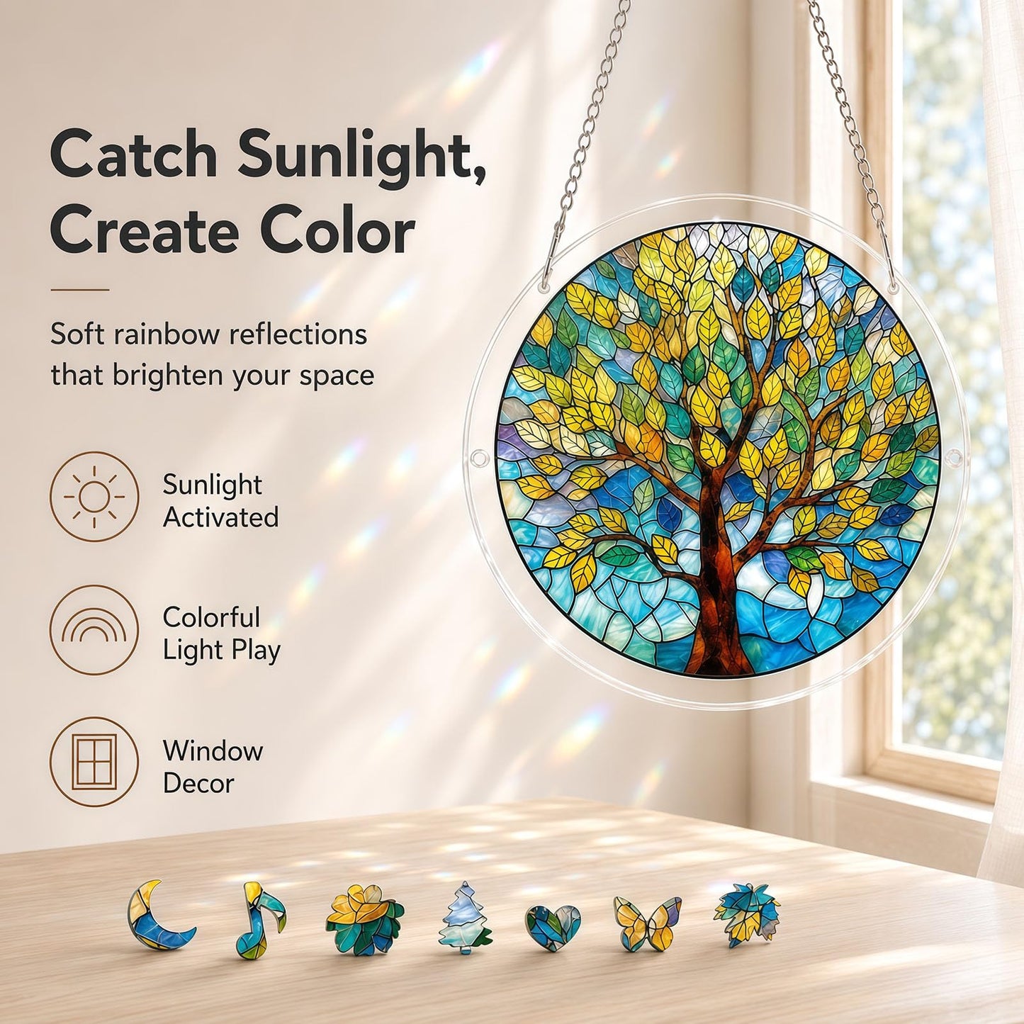 Acrylic Jigsaw Puzzle Suncatcher, Golden Tree Acrylic Puzzle Suncatcher for Adults, DIY Acrylic Jigsaw Art & Puzzle Window Hanging Ornament, Creative Home Decor Ornament with Whimsical Pieces