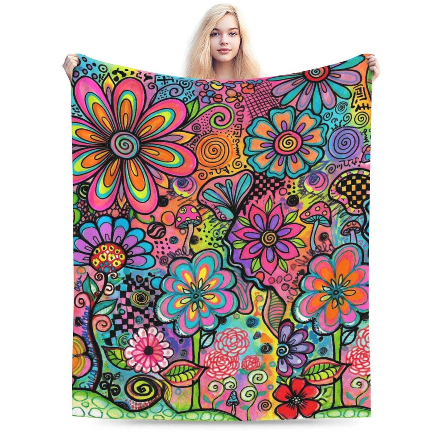Gbuzozie Hippie Art Flowers Doodle Fleece Blanket Lightweight Ultra-Soft Throw Blanket for Sofa Couch Bed Camping Travel - Super Soft Cozy Microfiber Blanket 60"X50"