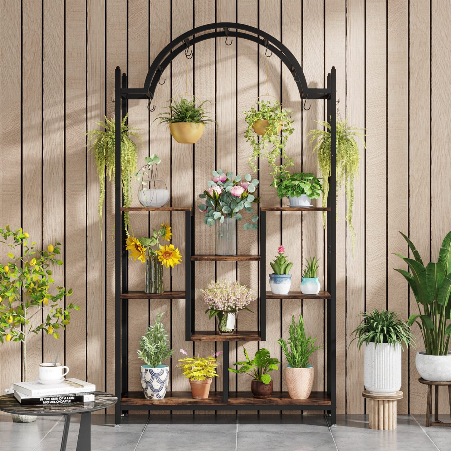 Tribesigns 5-Tier Tall Indoor Plant Stand, 74.8'' Arched Metal Flower Shelf with Hanging Hooks, Large Bonsai Pots Display Rack for Indoor, Balcony, Living Room