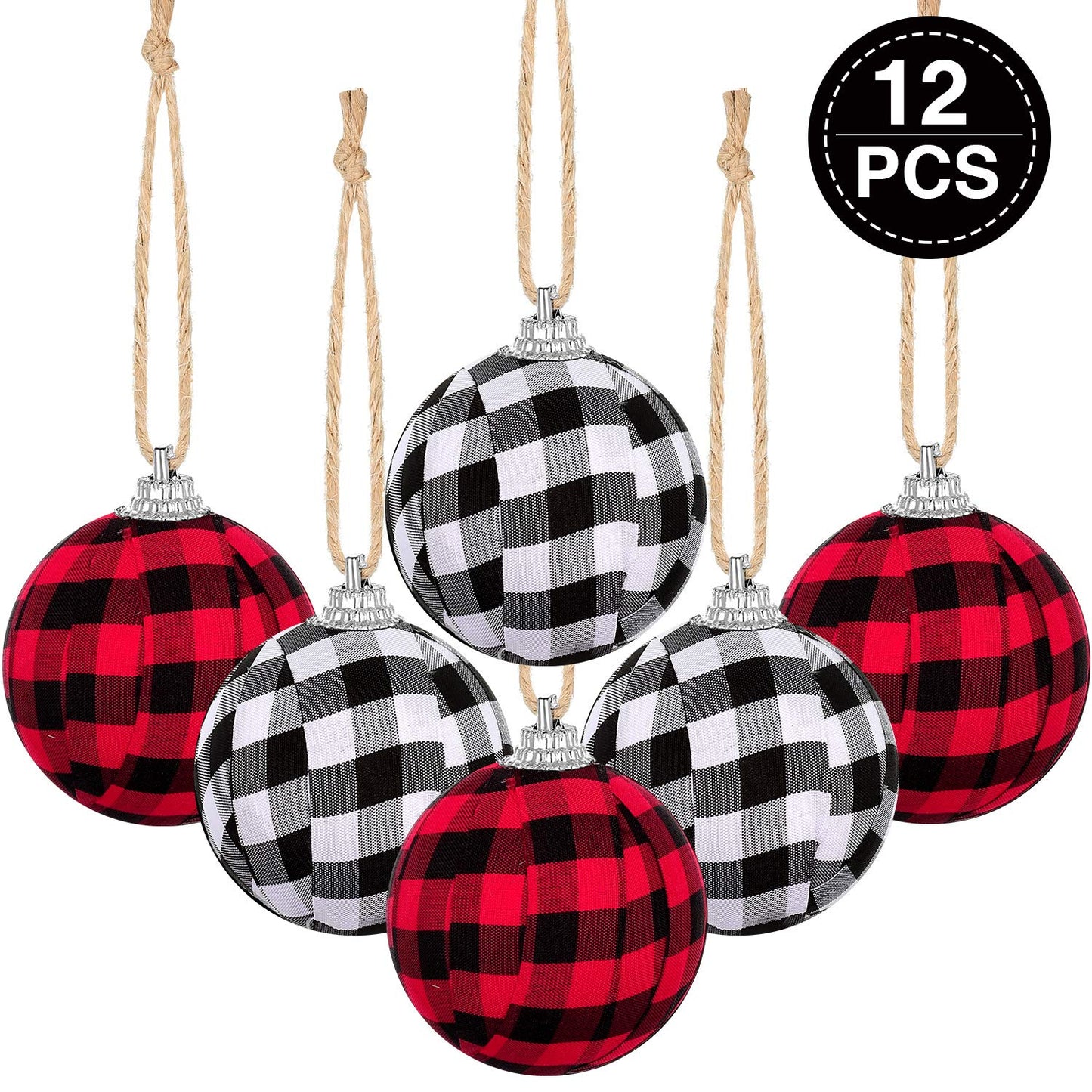 12 Pieces Christmas Buffalo Plaid Fabric Ball Ornament Decorative Plaid Ball Hanging Ornament for Christmas Farmhouse Decorations Supplies (White and Black, Red and Black)