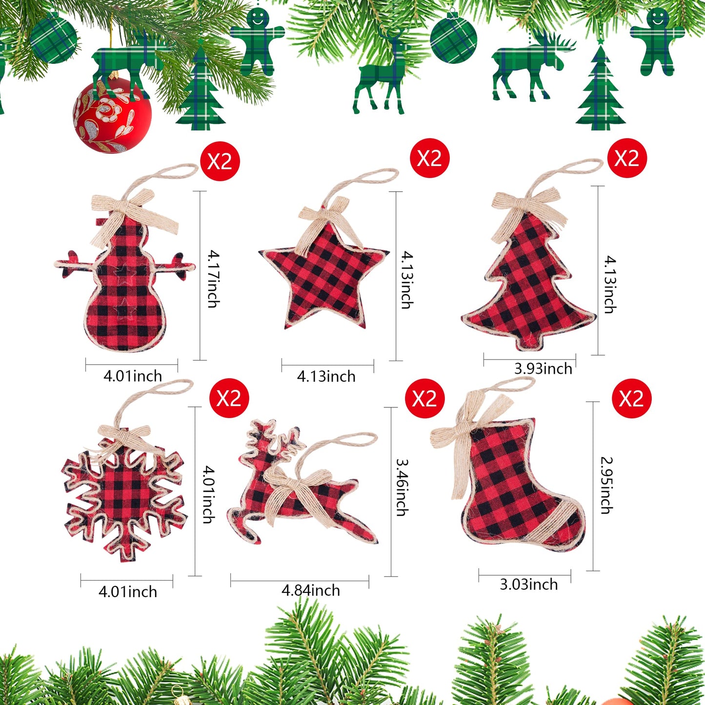 Watayo 12 PCS Christmas Plaid Hanging Ornaments-Black & Red Buffalo Check Plaid Burlap Hanging Ornaments-Tree Ball Bell Stocking Shaped Hanging Decor for Home Xmas Party Decorations Gift