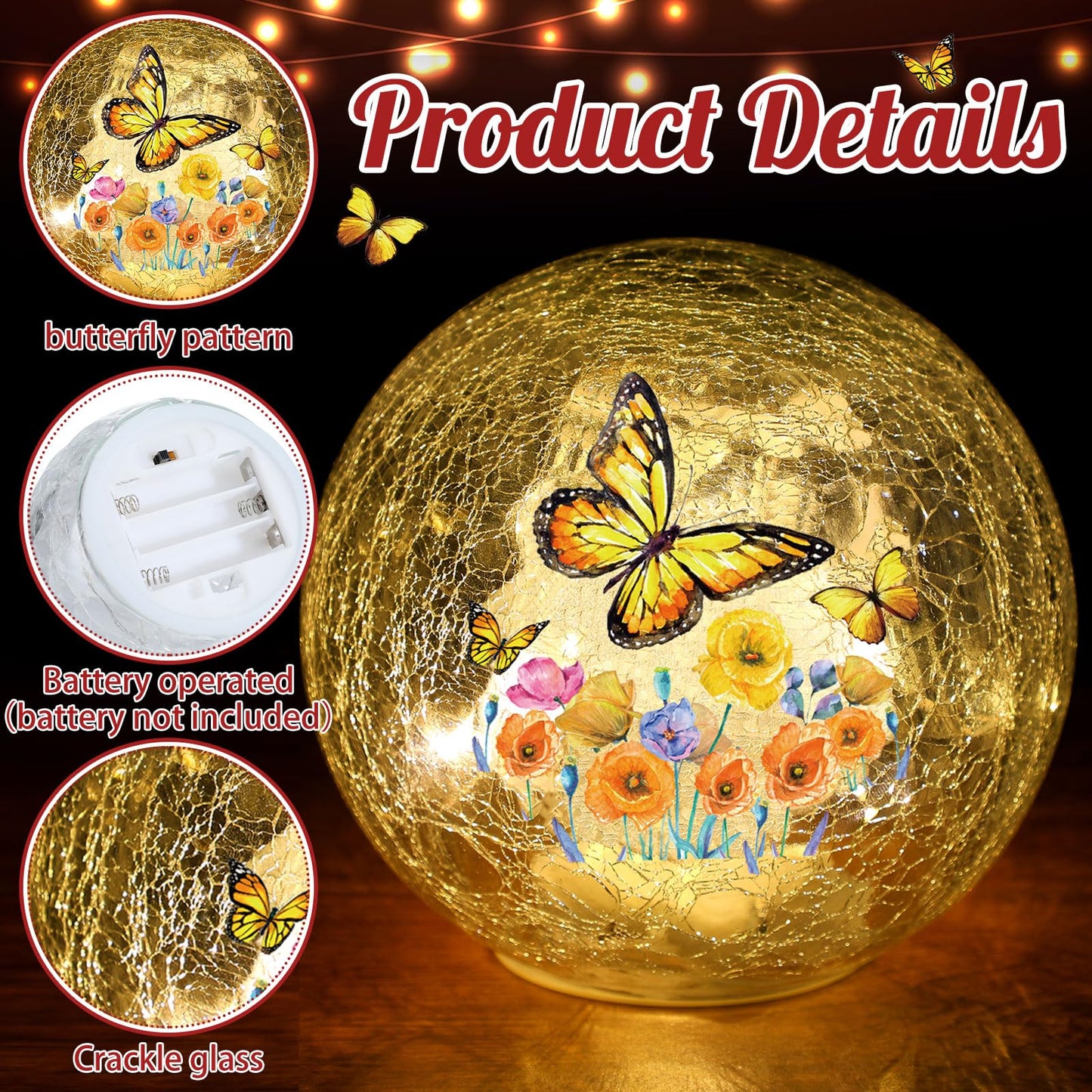 3pcs Spring Crackle Glass Ball Lights - Butterfly Ball Lamp Ornaments Indoor Globes Decorations LED Night Tabletop Decorative Sphere Lamp for Home Decor