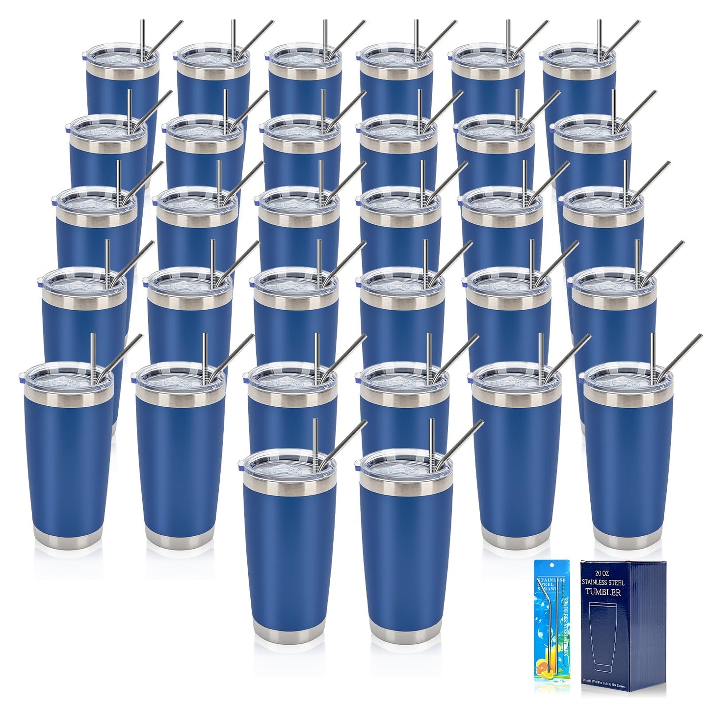 IEOVIEE 32 Pack, 20oz Stainless Steel Bulk Tumblers with Lids and Straws, Double Wall Insulated Travel Coffee Mug, Durable Powder Coated Tumbler Bulk Cup for Cold and Hot Drinks(Dark Blue)