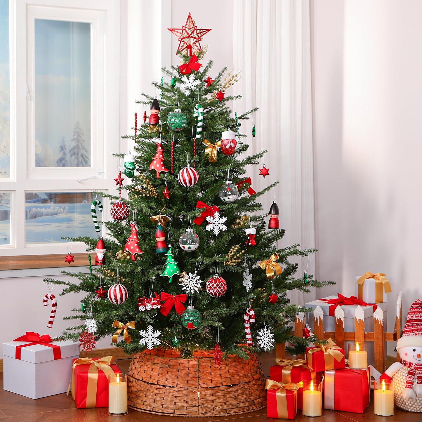 Alupssuc 95pcs Christmas Balls Ornaments Set, Shatterproof Plastic Baubles, Soldiers, Christmas Socks for Xmas Tree Holiday Wedding Party Decorations with Hanging Strings, White, Red and Green