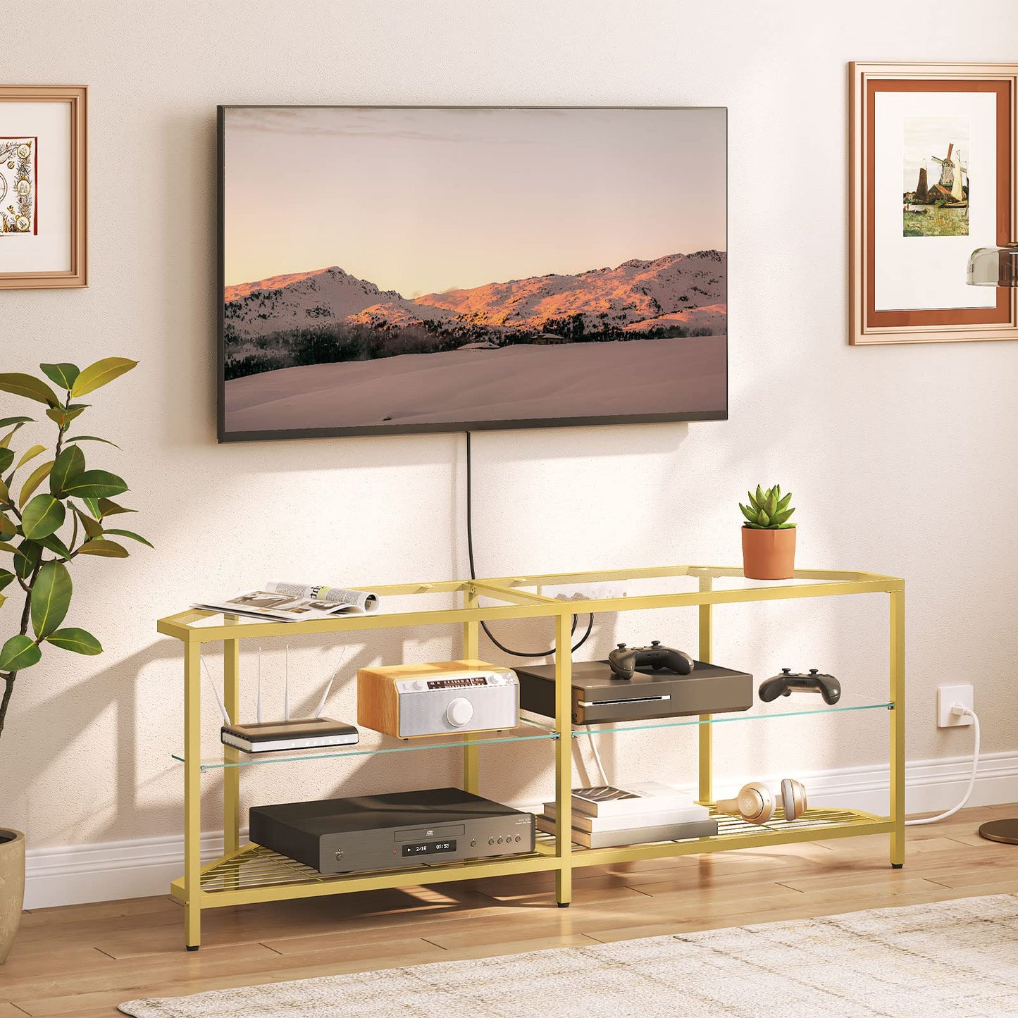 HOOBRO Corner TV Stand with Power Outlet for TVs up to 55", Modern 55" Corner TV Console Table with Open Shelves, Tempered Glass Media Entertainment Center for Living Room, Bedroom, Gold GD143UDS01