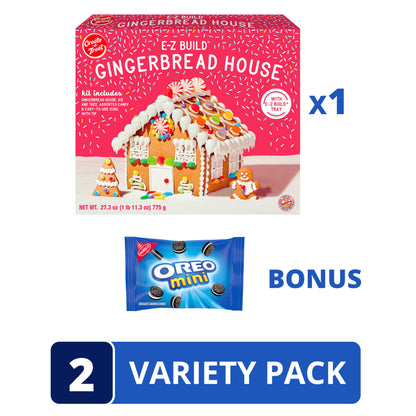 NABISCO Create-A-Treat E-Z Build Gingerbread House Decorating Kit, Holiday Gift, 27.3 oz + Bonus OREO Mini Cookie Snack Pack