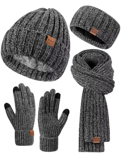Women Beanie Scarf Gloves Headband Set for Winter, Chenille Beanie Hats Ear Warmer with Fleece Lined Knit Scarf Touchscreen Gloves, 4 In 1 Warm Xmas Gift Set Stocking Stuffers for Women-Gray