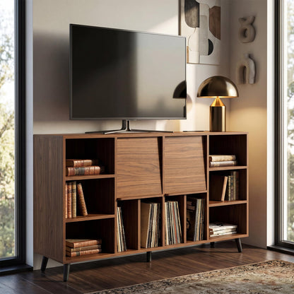 IRONCK Large Record Player Stand 55", Holds 600+ Vinyl Record Storage Cabinet with Charging Station, Mid Century Modern Turntable Stand for Living Room, Bedroom, Brown