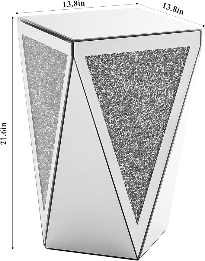 Inverted Triangular Mirror Square End Table, Crystal Diamond Inlaid Coffee Table