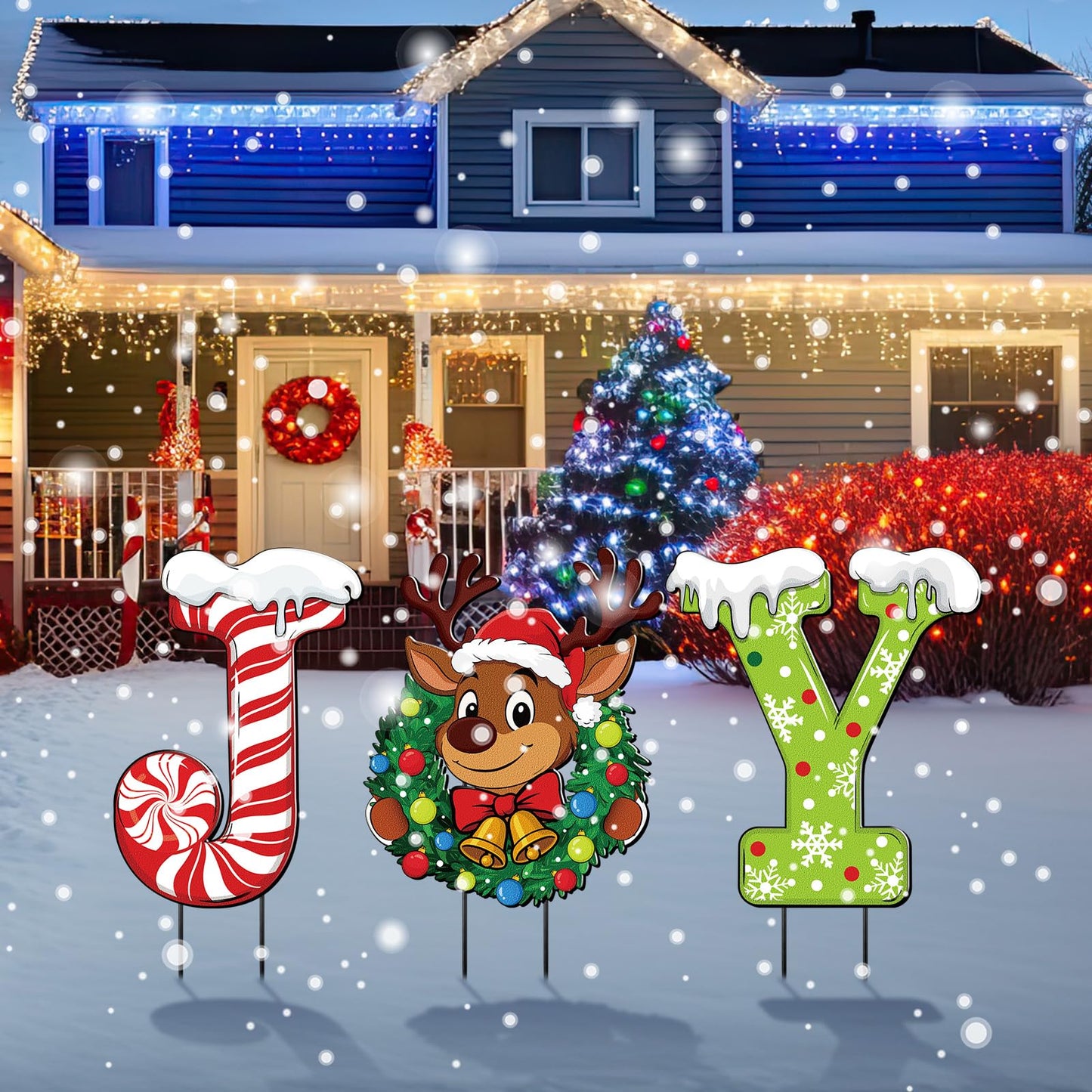 MorningRo 3 Pcs Metal Christmas Joy Yard Signs Outdoor Waterproof Candy Cane Elk Snowflakes Christmas Yard Sign with Stakes for Outside Porch Patio Lawn Garden Pathway Xmas Holiday Winter Decoration