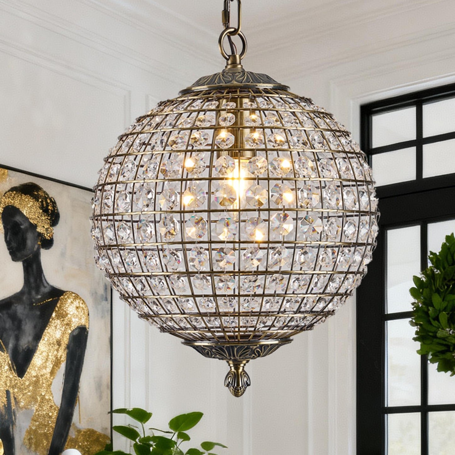 Macarena Gold Vintage Crystal Globe Chandelier 12" Round Antique Bronze Retro Pendant Hanging Light Fixture for Dining Room Kitchen Island Bedroom Hallway Entryway Foyer Bathroom Closet