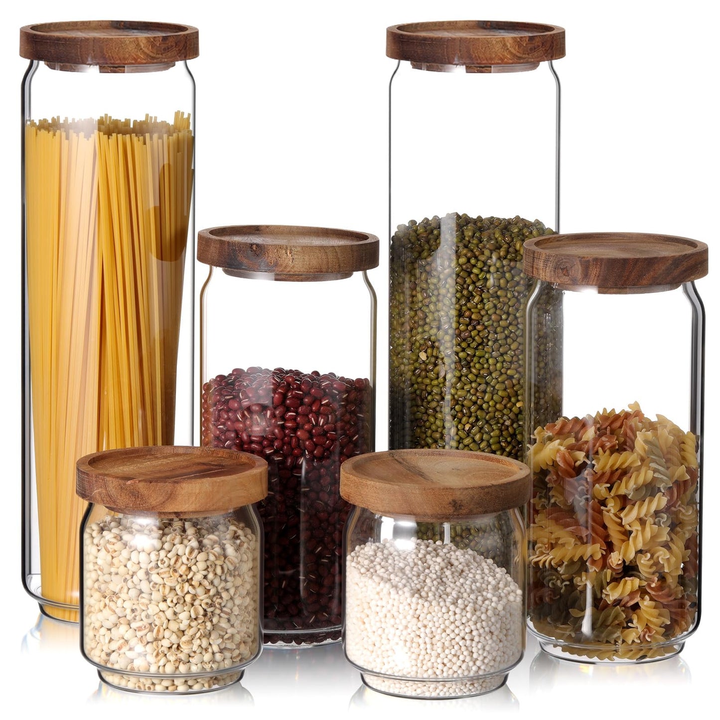 SiliFine 6 Set Glass Pantry Storage Jar with Acacia Airtight Lid 3 Size Glass Storage Container Jar for Pasta Spaghetti Cereal Coffee Bean Flour Sugar Rice, 17oz, 35oz, 53oz (Wood Lid)