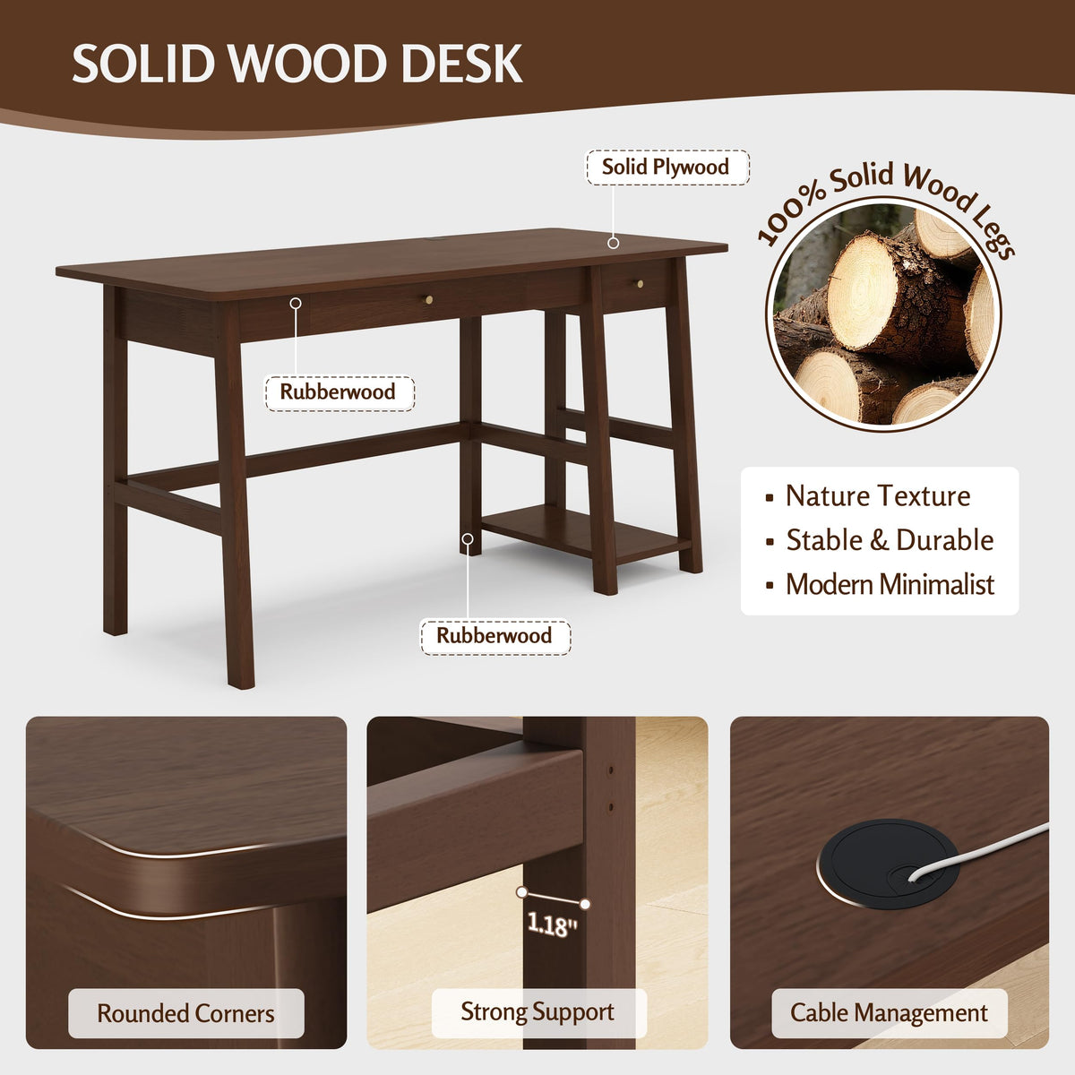 NELYE Solid Wood Desk with Drawer - 58 Inch Modern Writing and Computing Workstation for Home Office in Walnut