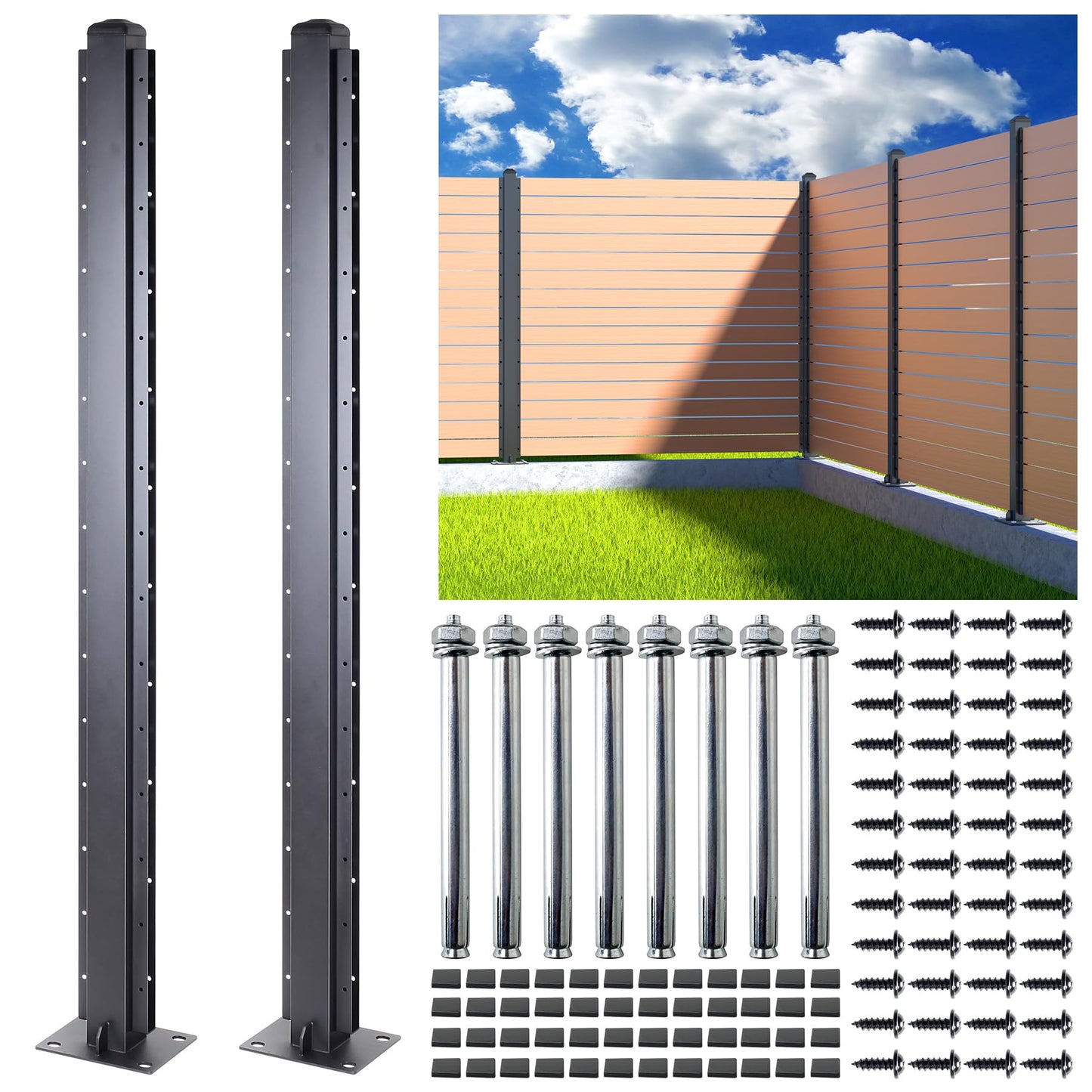 BITALS Q235A-Steel 5ft (H/58in) Heavy Duty Fence Post - Serial Post, Suitable for Outdoor Patio, Backyard and Garden Fence Post Bracket Construction (2pack-Matte Black)