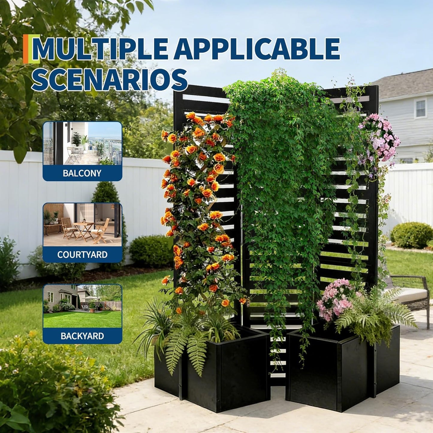 Garvee Metal Raised Garden Bed with Trellis and Privacy Screen, 71"H x 51"W x 31"D Garden Fence with 4 Self-Draining Raised Garden Beds for Climbing Plants Vegetables Vines, Outdoor Sturdy Planter Box