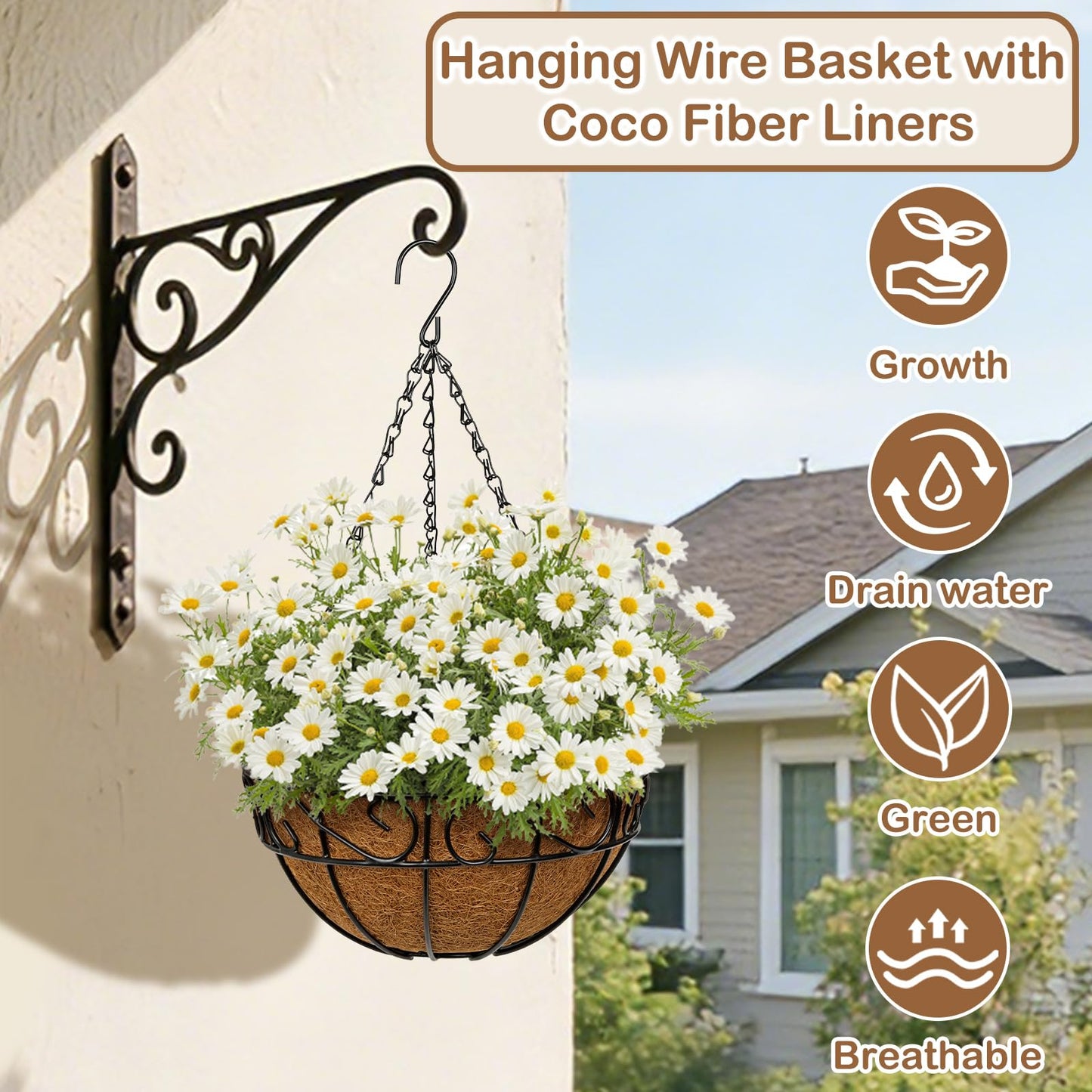 Nature Crafted 2 Pack 10 inch Metal Hanging Baskets for Plants, Round Metal Wire Hanging Basket Planter with Coco Fiber Liners Chain for Garden Home Porch Patio, Flower Border