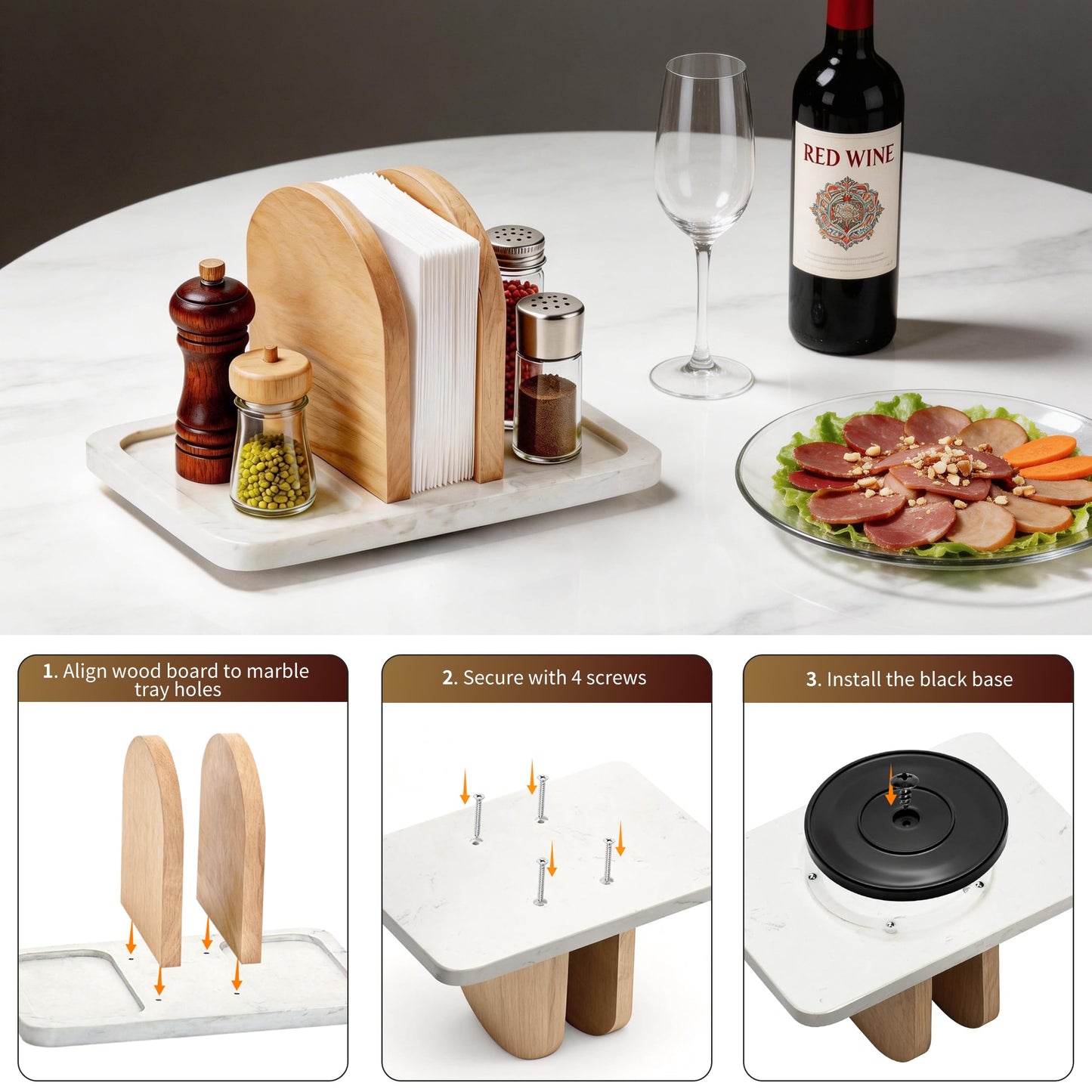 Joapsinn Rotating Napkin Holder for Table, Napkin Dispenser with Marble Base & Wood Divider, Napkin Holder with Salt and Pepper Shakers Caddy for Kitchen Dinner Table Decor - Shakers Not Included